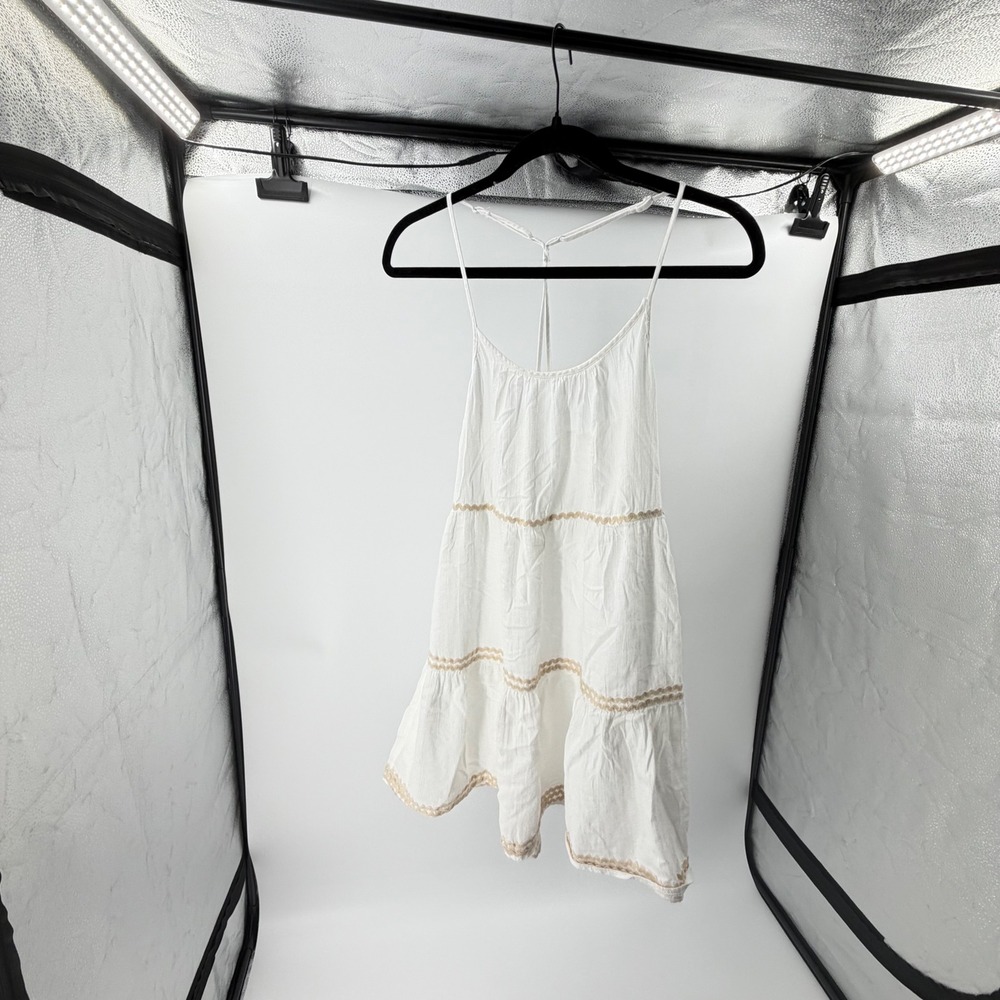 Aerie‎ White Tiered Mini Dress Tan Embroidery Racerback Spaghetti Strap XS